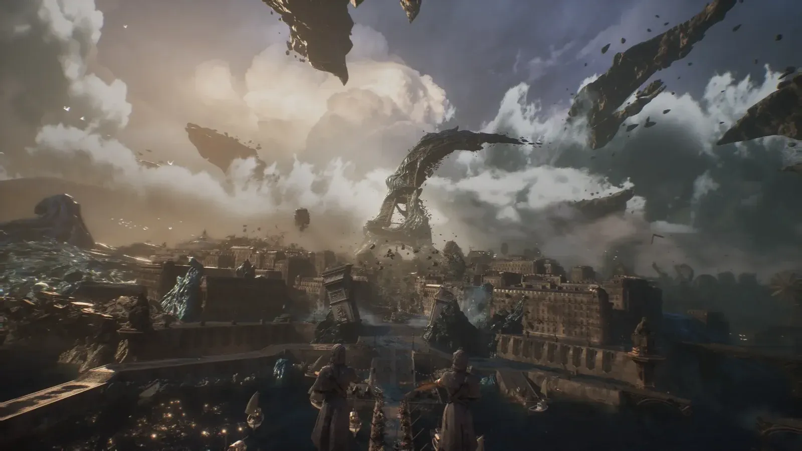 An expedition crew from Clair Obscur: Expedition 33 walks toward a vast broken horizon of floating ruins, the place where every crew before them fell short. The joke writes itself: crew after crew sets out, fails, and still moves the line for the next one. That's the compounding loop with better lighting.