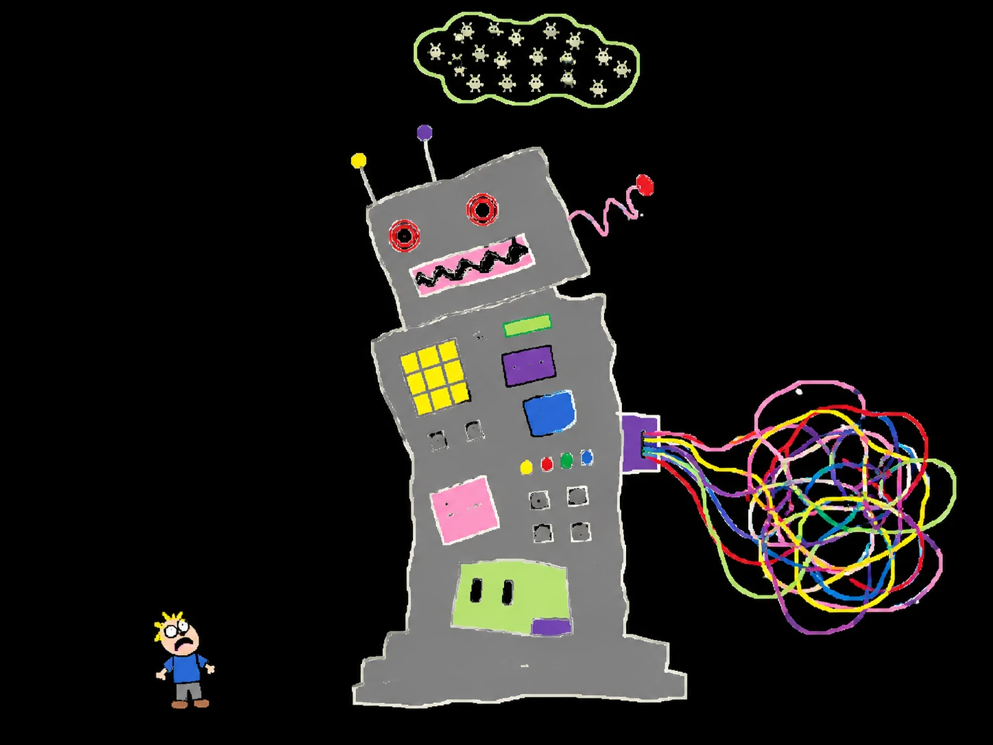 A giant crooked robot with a tangle of colorful wires spilling from its side looms over a small alarmed person.