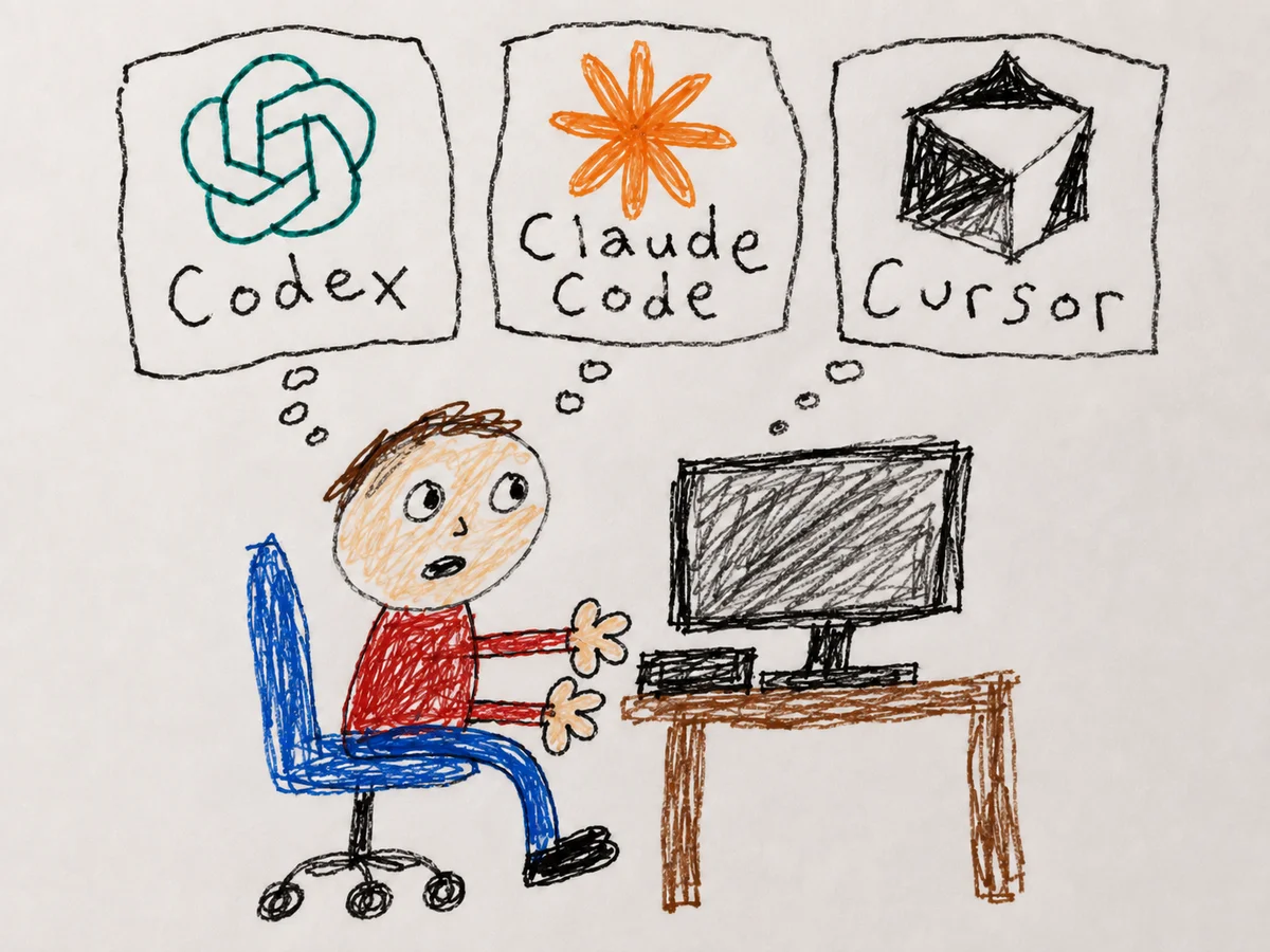A crayon drawing shows a builder at a desk staring at the monitor while thought bubbles weigh the three choices overhead: Codex, Claude Code, and Cursor.