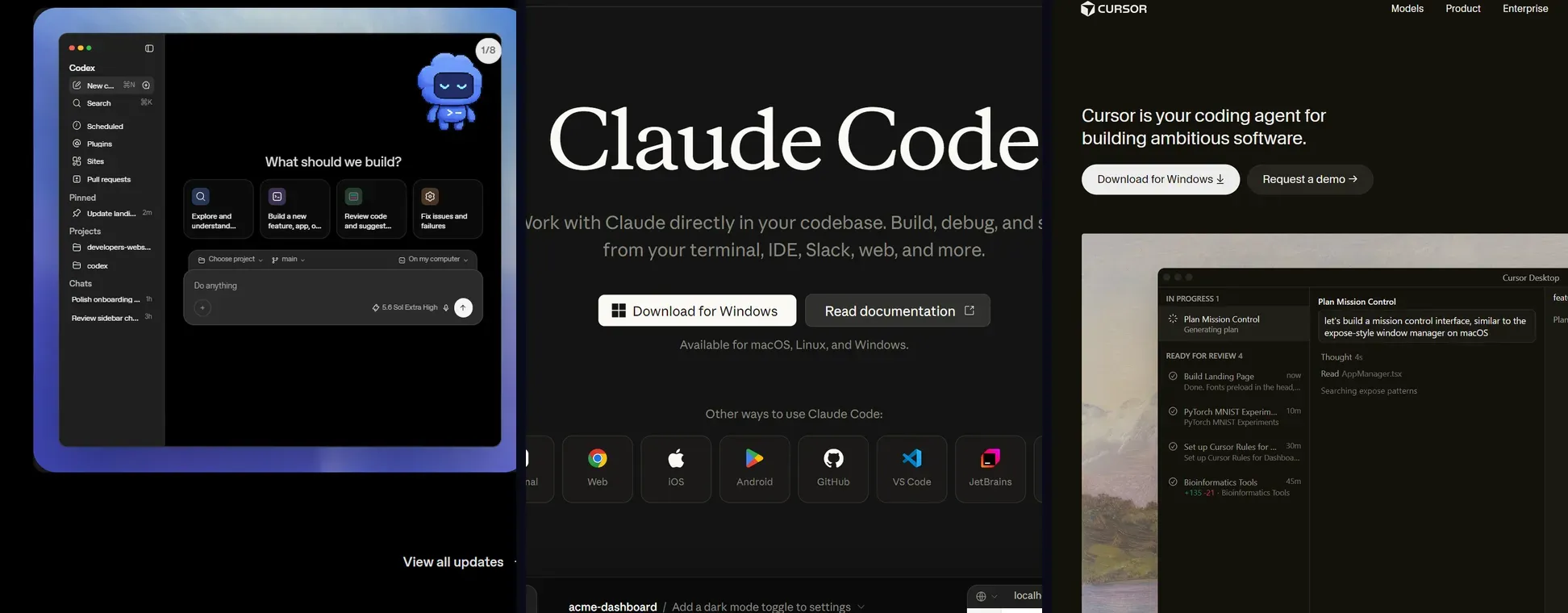 The three tools' own product pages sit side by side as of August 2026: OpenAI's Codex, Anthropic's Claude Code, and Cursor.