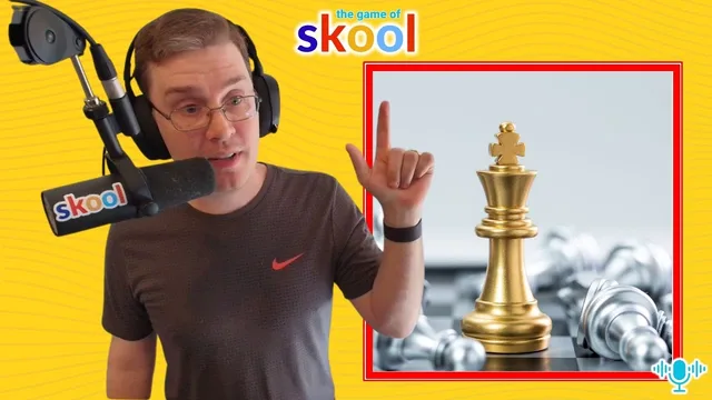 YouTube thumbnail: the Skool Magazine host raises a finger at a Skool-branded microphone, next to a photo of a gold chess king standing over toppled silver pieces.